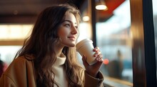 Young Woman Drinking Coffee From Large Disposable Cup At Take Away Counter Of Cafe

