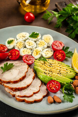 Poster - Healthy eating food avocado, eggs, chicken fillet and cherry tomatoes. Keto food concept. Restaurant menu, dieting, cookbook recipe top view