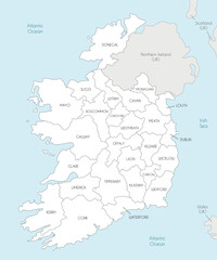  Vector map of Ireland with counties and administrative divisions, and neighbouring countries. Editable and clearly labeled layers.