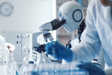 Woman and android robot in the science lab