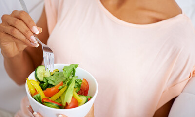 Sticker - Nutrition, health and closeup of woman with a salad at home with vegetables for wellness, organic or diet. Food, vitamins and zoom of female person from Mexico eating healthy meal with produce.