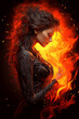 female witch demoness girl on fire on black background. Cover for a horror novel book