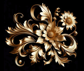 Wall Mural - Gold flowers isolated on black, abstract floral background with metal golden flowers ornaments.