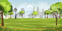 Public Park Nature Landscape With Sky Blue And Clouds Over City Background.Vector Illustration Nature Scene With Bench Under Big Trees In Summer Park.Banner Urban With Spring Meadow And Orange Flower