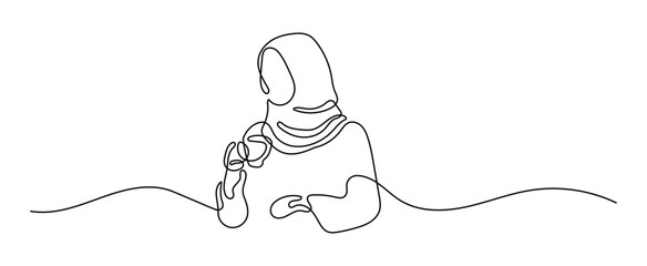 Wall Mural - Beautifull Hijab Woman Drinking a Cup of Coffee Oneline Continuous Single Line Art Editable Line
