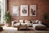 Fototapeta Boho - Modern Living Room with Brick Wall, Flower Decor, and Stylish Gray Sofa.