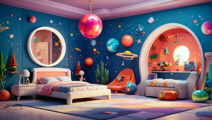 Wall Mural - Space theme. Creative and bright eco design of a children's room. Bright fantasy wallpaper on the wall of baby room.