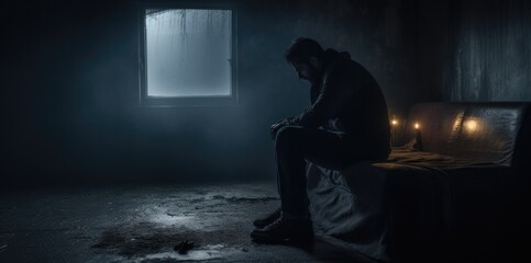 Wall Mural - A man sitting on a couch in a dark room, AI