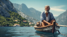 Man On Rustic Lake Boat In Mediterranean Lake.