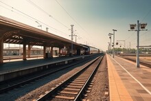 Railway Terminal With Incoming Train Platform For Passenger Transportation. Generative AI
