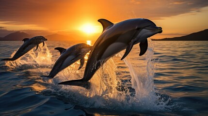 Poster - Dolphins jumping out of the water at sunset, AI