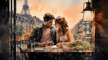 Romantic Photo Of Couple In Cafe In Paris. Valentines Concept Love Story