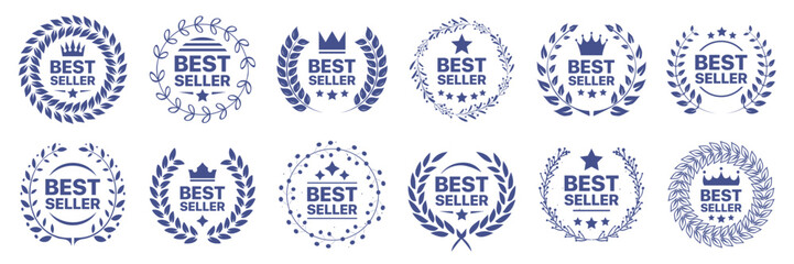 Wall Mural - best seller badge collection. set of best seller emblem with laurel wreath, crown and star icon. bes