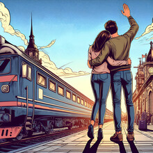 Couple in love saying goodbye on the pier of the railway station