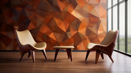 Wall Mural - Modern living room with wooden geometric wall