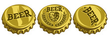 A Set Of Metal Bottle Caps With Beer-themed Inscriptions. Color Vector Illustration. Template Or Element For Design