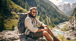 Hombre excursionista sentado en una roca en la montaña sonriendo