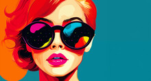 Flat illustration of fashion red hair woman wearing sunglasses, closeup portrait, Vibrant Pop Art Fusion