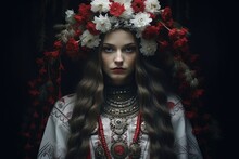 Beautiful Slavic Girl With Long Brown Hair With Flower Crown In White And Red Embroidered National Costume. Woman In White Dress And Wreath. Traditional Clothes Of Ukrainian Region. Ivana Kupala