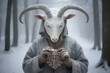Shaman wearing in horn goat mask and gray dress on blurred winter landscape. Mystical ritual of death. Sacred objects for ancient pagan rites. Slavic or Scandinavian culture ritual