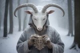 Fototapeta  - Shaman wearing in horn goat mask and gray dress on blurred winter landscape. Mystical ritual of death. Sacred objects for ancient pagan rites. Slavic or Scandinavian culture ritual