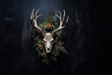 Elk Scull With Horns And Wreat Hanging On Dark Wooden Wall. Outdoor Decorations. Pagan Christmas, New Year, Yule. Psychedelic Ethnic Element. Mystical Design For Halloween Print, Card, Poster, Decor 