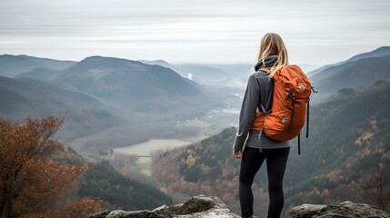 Wall Mural - a young woman climber admiring view from mountain top. generative AI