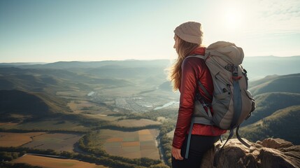 Wall Mural - a young woman climber admiring view from mountain top. generative AI