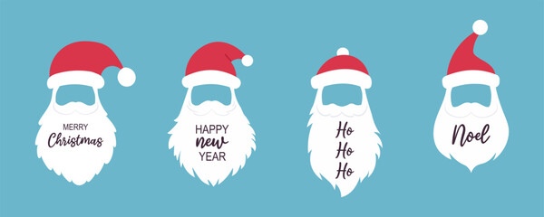 Santa Claus hat, mustache, beard. Merry Christmas lettering. Happy New Year phrases. Winter design for poster, greeting card. Cartoon vector illustration