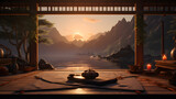 Fototapeta Natura -  japanese temple with a view of the mountains and the sunset