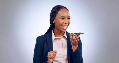 Canvas Print - Business woman, phone call and voice with speaker in studio for translation app, sound and contact on grey background. Happy african worker, communication and talk on mobile microphone for audio chat