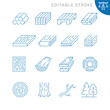 Vector line set of icons related with lumber. Contains monochrome icons like sawmill, timber, wood, forestry, board, branch and more. Simple outline sign. Editable stroke.