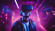 © Giotto - Black guy wearing a VR headset having a virtual reality experience inside a vaporwave gaming room with purple neon lights, looking amazed