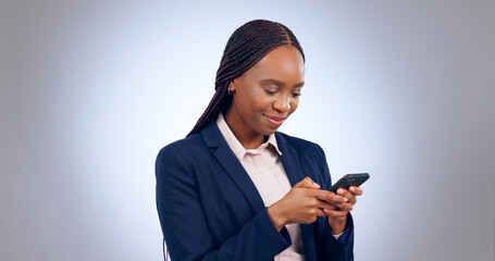 Poster - Business woman, studio and smartphone for reading notification, mobile chat and social network. Happy african worker scroll on cellphone, news app and search digital information on grey background