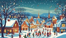 Snowy Day Village Celebration In A Vintage Style Christmas Card Illustration, Hand-painted With Oil Pastels