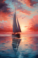 Canvas Print - watercolor sailing ship in sunset sky