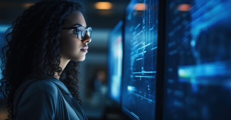 a cybersecurity expert intently stares at the luminous screens, her eyes reflecting lines of code