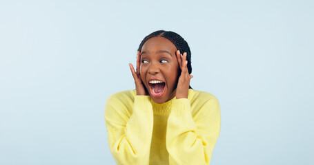 Poster - Wow, surprise and mind blown with a black woman in studio on a gray background to hear good news. Emoji, announcement and expression with a happy young person looking shocked by a promo or bonus