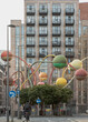 The penelope sculpture at Wolstenholme square's famous at Gradwell Street,Abstract of different coloured spheres at the end of poles twisting at different heights and directions, Merseyside,Copy space