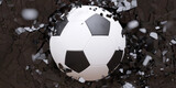 Fototapeta Młodzieżowe - Soccer football ball breaks with great force a black wall background texture. Wallpaper. 3d render