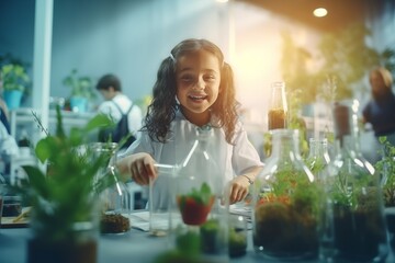 Wall Mural - Funny little girl working in biology laboratory in plant science, medical research or gmo food engineering