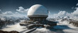 Secret Research station hidden from the public in the middle of Antarctic. Panoramic illustration of huge building with a black matter detection dome. Digital painting.Generative AI
