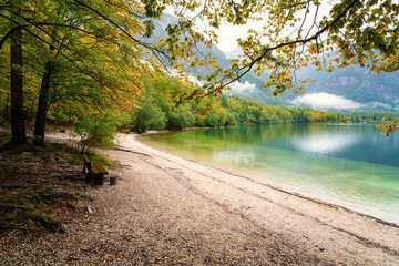 Wall Mural - Bohinj lake (Bohinjsko jezero), Triglav national park, amazing autumn landscape, Slovenia. Scenic view of the clear water, Alps mountains with clouds and colored forest, outdoor travel background