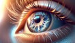 Macro photograph of a detailed human blue eye with cornea, pupil and iris with radiant effect for vision optics and eyesight oftalmologist poster or banner