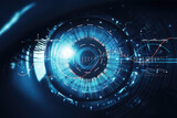 Closeup human eye banner with ample copy space. Highlighting Lasik vision correction and cyber elements for biometric data security. A compelling image for your tech and security projects.