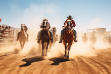 Group Of Rugged Cowboys Riding A Horses During Rodeo