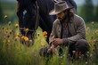Cowboy and Horse in a Wildflower Field