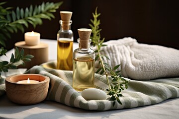 Poster - Spa set for herbal therapy, traditional medicine, and homeopathy with natural oil essence and tools like salt towel, herbs, brush, candles. Used for massage and aromatherapy.