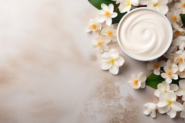 Sticker - Floral backdrop in a spa setting with beauty products and white flowers, space for text.