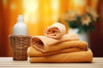 Poster - Abstract background with spa towels on table and wicker basket.